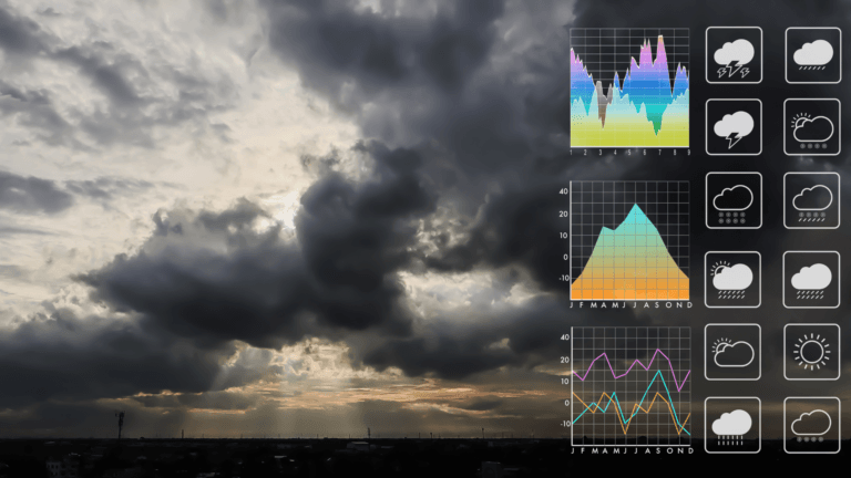 Dramatic cloudy sky with weather charts and icons