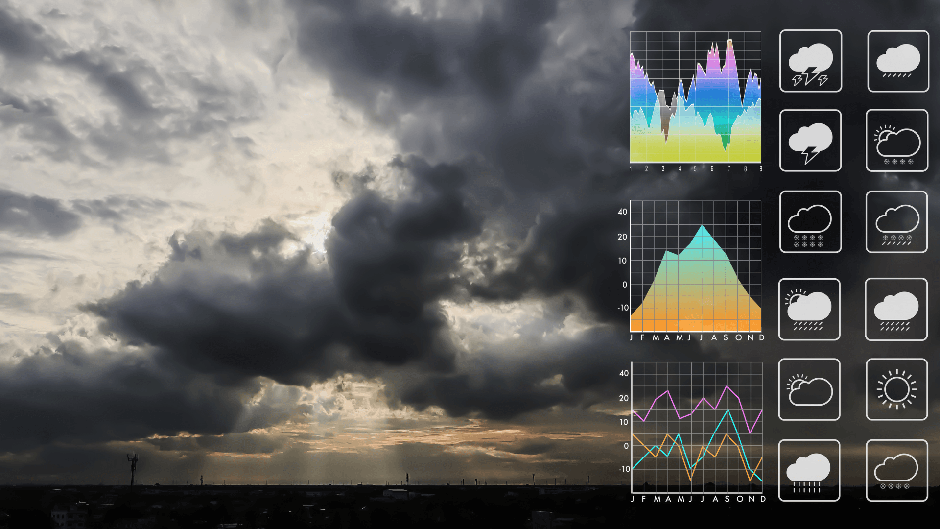 Dramatic cloudy sky with weather charts and icons