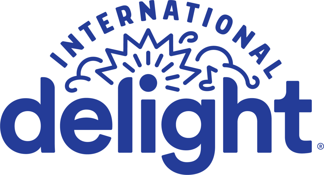 Blue Danone Delight logo featuring a sunburst above the word delight with curved cloud motifs, set on a white background