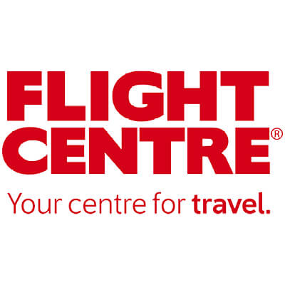 Logo of Flight Centre featuring red text with the tagline 'Your centre for travel.'