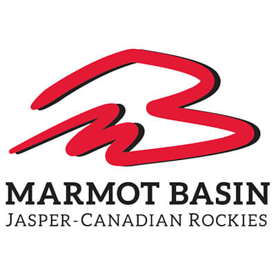 Logo de Marmot Basin avec un design stylisé en rouge et noir, représentant les montagnes des Rocheuses canadiennes.