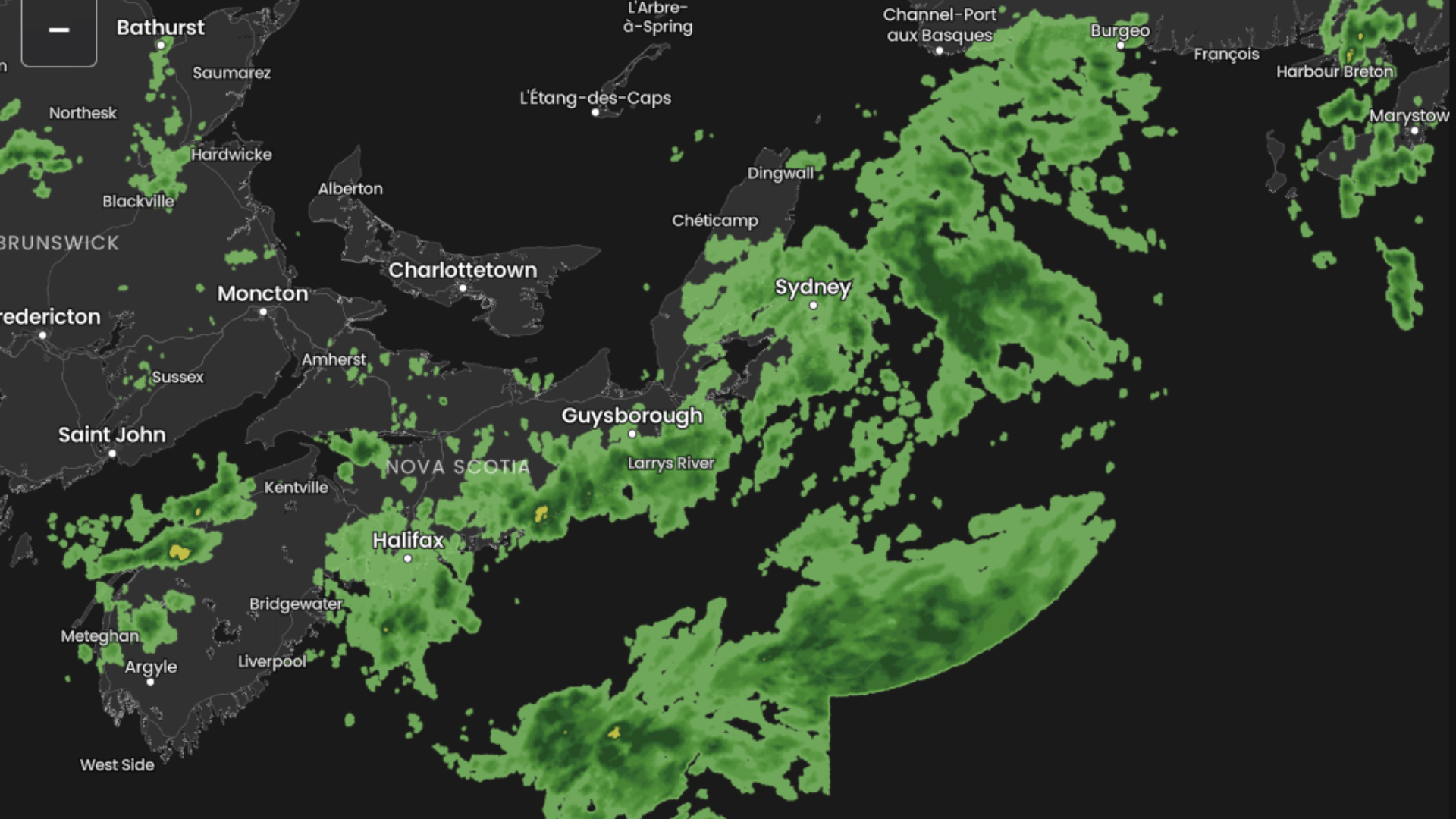 Weather radar showing rain in Nova Scotia and surrounding regions