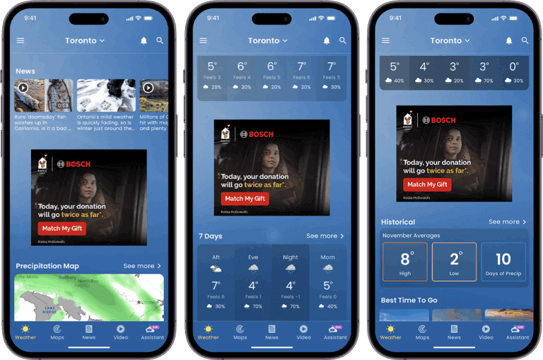 Three smartphones displaying weather and news apps for Toronto.