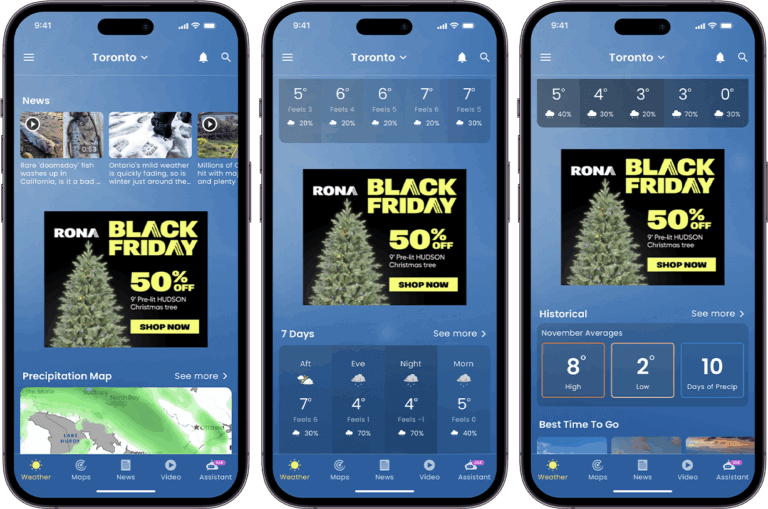 Mobile weather app displaying Toronto forecast and Black Friday ad