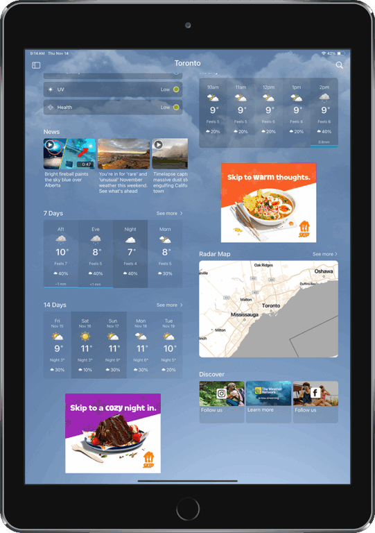 Detailed weather app interface showing Toronto forecast on tablet.