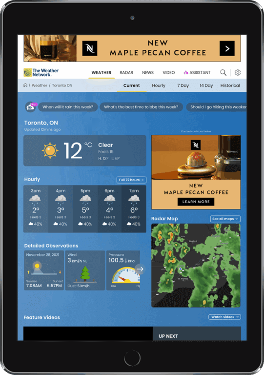 Toronto weather forecast on tablet displaying current conditions.