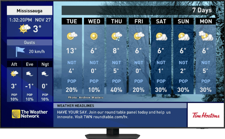 Mississauga 7-day weather forecast with temperatures and conditions.