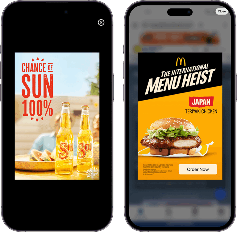 Two promotional advertisements featuring beverages and a fast food item on mobile screens.