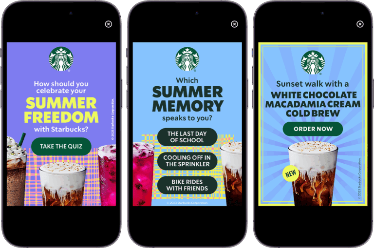 Starbucks summer promotion with quiz and drink offers on phone screens.