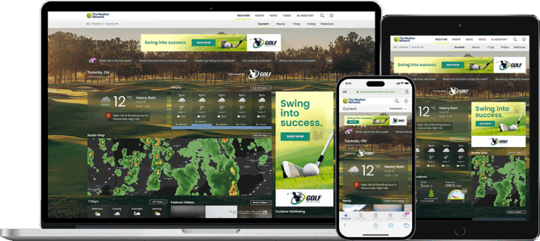 Weather app displayed on laptop, tablet, and smartphone screens.