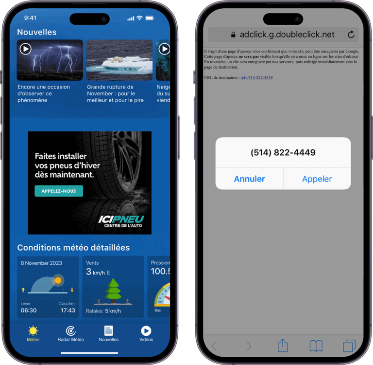 Weather app and phone call prompt on smartphone screens