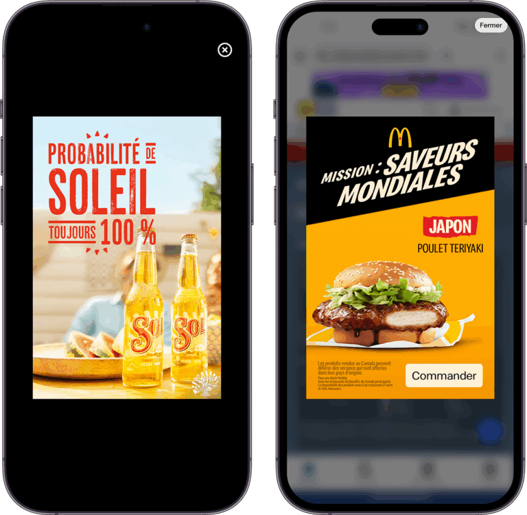 Publicité montrant des bouteilles de bière et un burger McDonald's avec du poulet teriyaki.