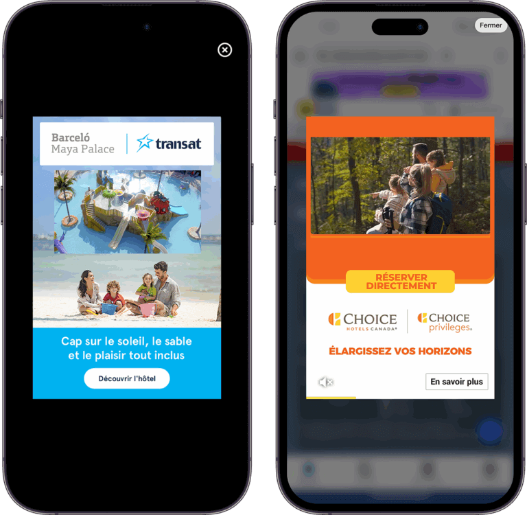 Interstitiel vidéo présentant des offres de vacances avec des images de familles en vacances et des destinations ensoleillées.