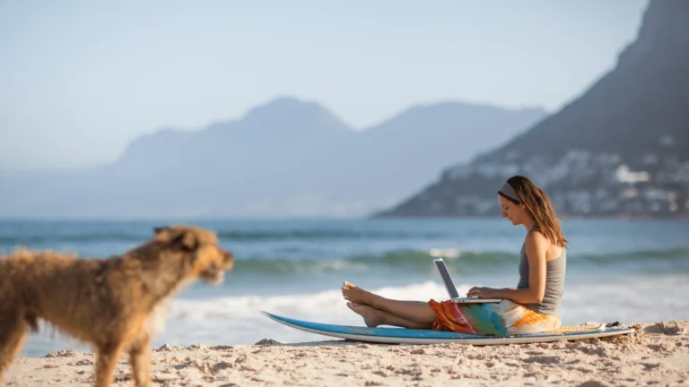 Person working on laptop while sitting on the beach with her dog.