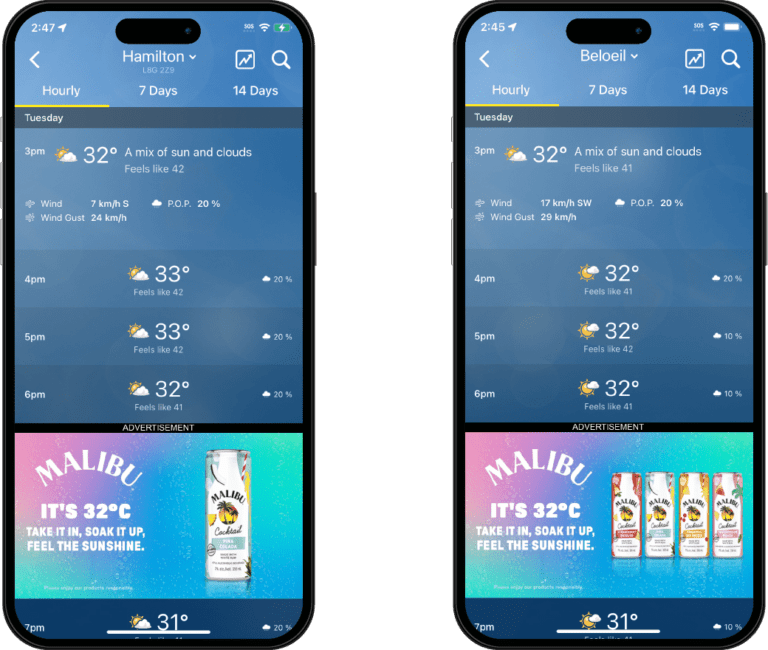 Example of an ad where the current temperature is dynamically integrated into the creative.