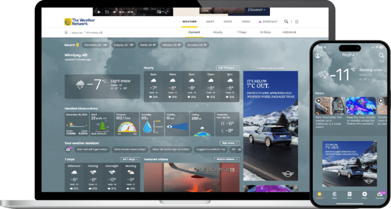 Example of an ad for winter tires that only runs when the current temperature is 7C or below.