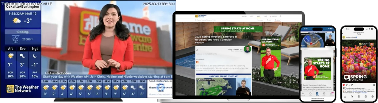 Example of sponsored content on The Weather Network TV, desktop and mobile.