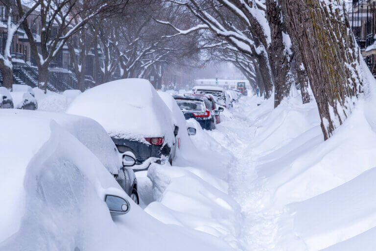 Row of parked cars covered in thick snow on a residential street during winter.