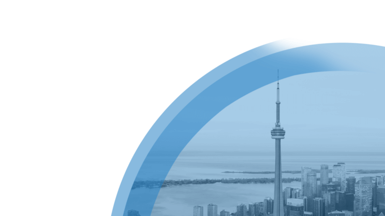 Skyline of Toronto featuring the CN Tower and surrounding buildings in a blue-toned design.