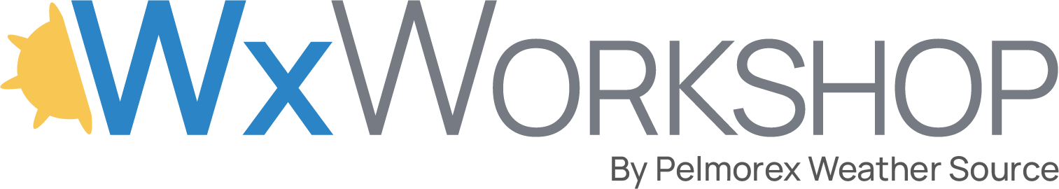 Logo of WxWorkshop by Pelmorex Weather Sources featuring a sun icon and stylized text.